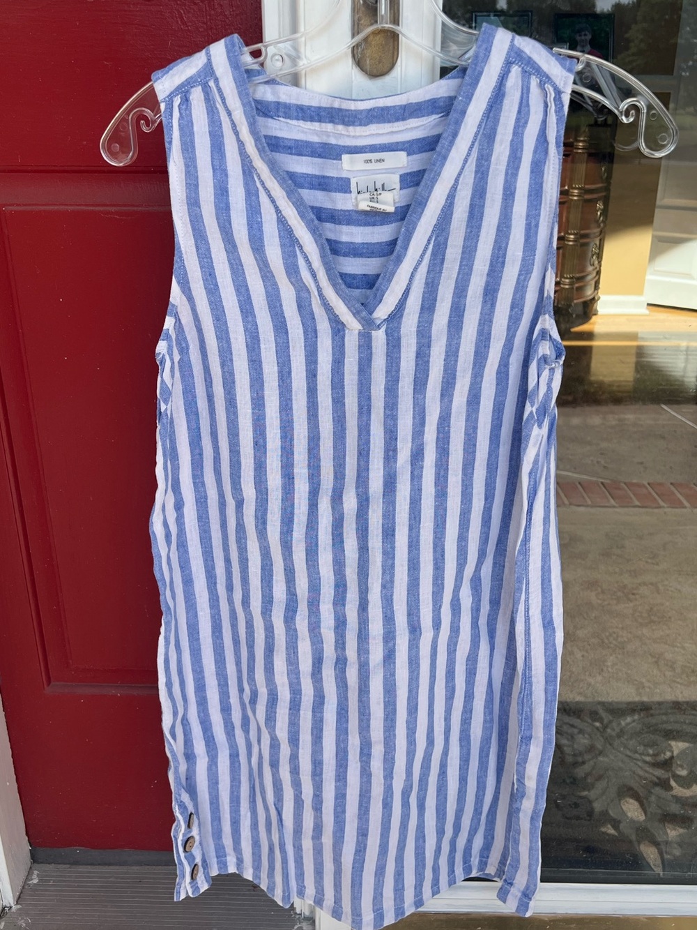 Nicole Miller Blue and White Striped Linen V-Neck Mini Dress - Picture 3 of 7
